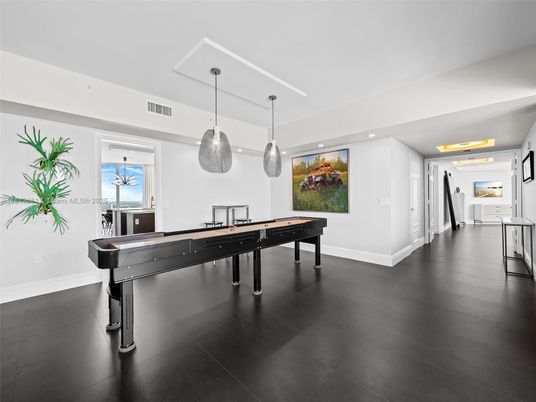 Billiard Table, Game Room, Interior, Pendant Lights, Recessed Lighting, Wood Texture Flooring
