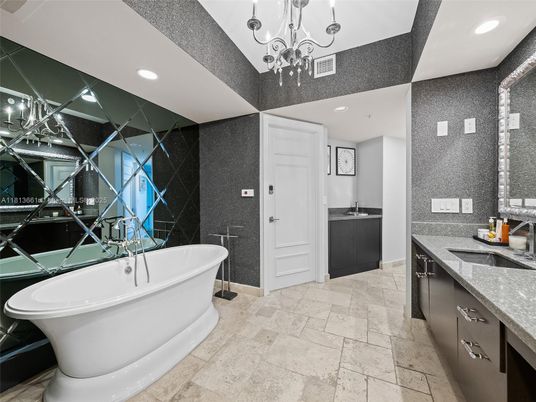 Bathroom, Chandelier, Dual Sink Vanities, Free Standing Baths, Interior, Recessed Lighting