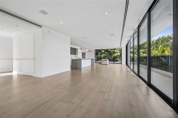 Empty room, Interior, Kitchen, Pendant Lights, Recessed Lighting, Wood Texture Flooring