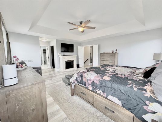 Bedroom, Fireplace, Interior, Wood Texture Flooring