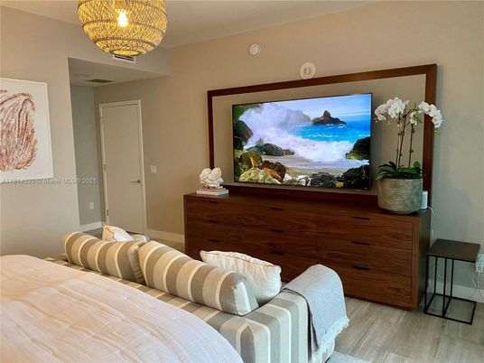 Bedroom, Chandelier, Interior, Water, Wood Texture Flooring