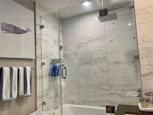 Bathroom, Glass Shower, Interior, Marble Walls, Recessed Lighting