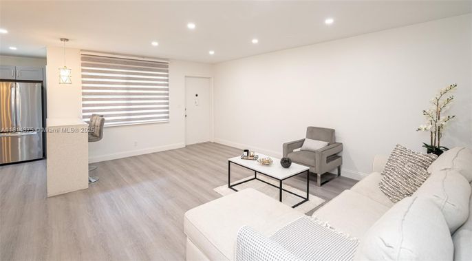 Interior, Living room, Pendant Lights, Recessed Lighting, Stainless Steel Appliances, Wood Texture Flooring