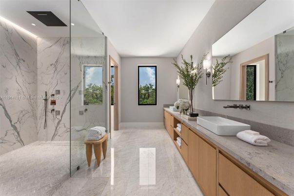 Bathroom, Dual Sink Vanities, Glass Shower, Interior, Marble, Marble Walls, Recessed Lighting