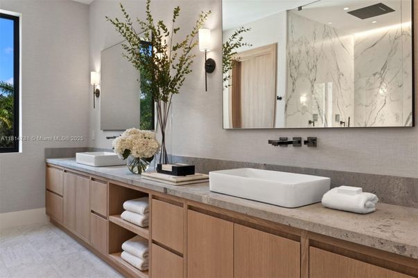 Bathroom, Dual Sink Vanities, Interior, Marble, Marble Walls, Recessed Lighting