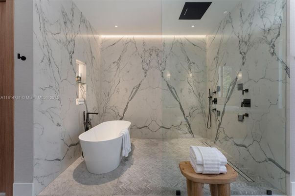 Bathroom, Free Standing Baths, Glass Shower, Interior, Marble, Marble Walls, Recessed Lighting