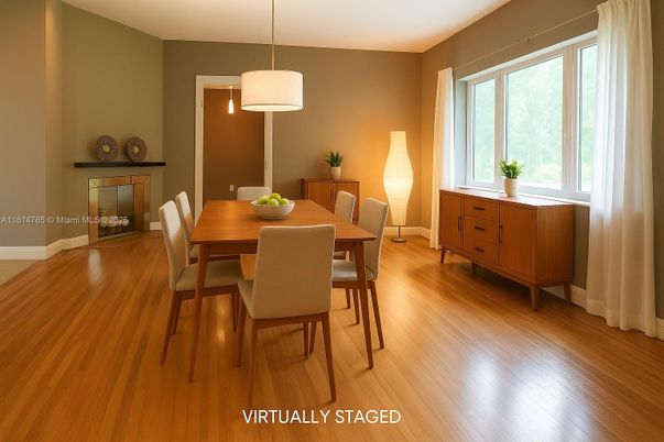 Dining room, Interior, Pendant Lights, Wood Texture Flooring