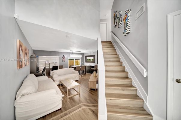 Dining room, Interior, Living room, Pendant Lights, Recessed Lighting, Wood Texture Flooring