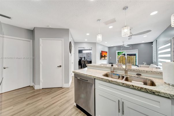 Interior, Kitchen, Pendant Lights, Recessed Lighting, Wood Texture Flooring