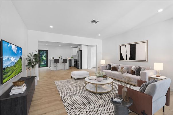 Interior, Kitchen, Living room, Recessed Lighting, Wood Texture Flooring