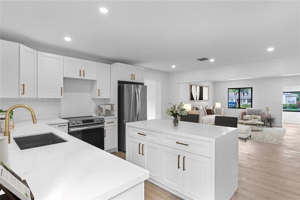 Interior, Kitchen, Living room, Recessed Lighting, Stainless Steel Appliances, Wood Texture Flooring