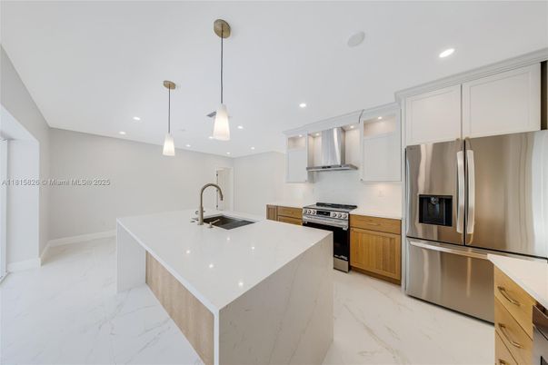 Interior, Kitchen, Marble, Pendant Lights, Recessed Lighting, Stainless Steel Appliances