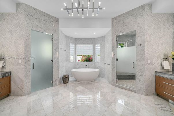 Bathroom, Free Standing Baths, Glass Shower, Interior, Marble, Marble Walls, Recessed Lighting