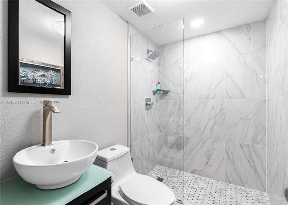 Bathroom, Glass Shower, Interior, Marble Walls, Recessed Lighting