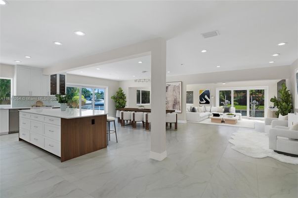 Dining room, Interior, Kitchen, Living room, Marble, Pendant Lights, Recessed Lighting