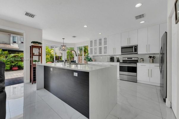Interior, Kitchen, Marble, Pendant Lights, Recessed Lighting, Stainless Steel Appliances