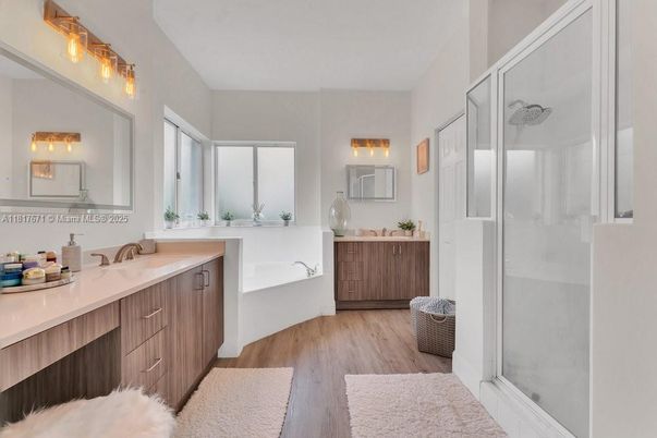 Bathroom, Dual Sink Vanities, Glass Shower, Interior, Wood Texture Flooring