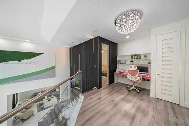 Chandelier, Home Office, Interior, Recessed Lighting, Wood Texture Flooring