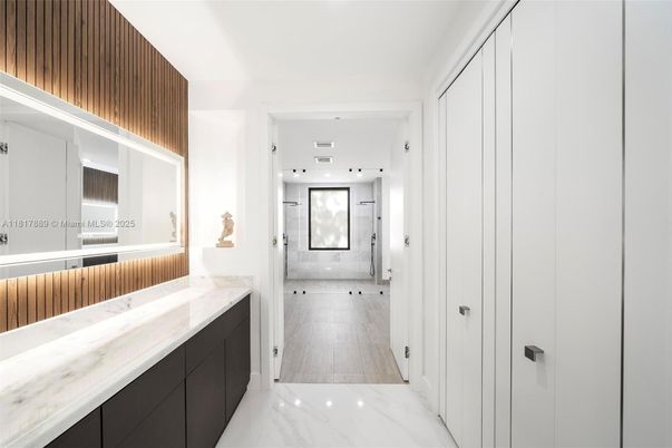 Bathroom, Interior, Marble, Recessed Lighting, Wood Texture Flooring