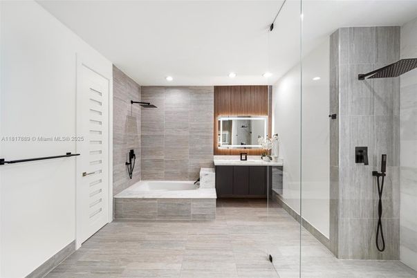 Bathroom, Dual Sink Vanities, Glass Shower, Interior, Recessed Lighting