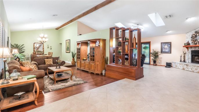 Chandelier, Fireplace, Interior, Living room, Recessed Lighting, Wood Texture Flooring