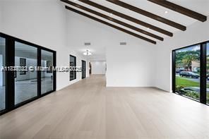 Empty room, Interior, Pendant Lights, Recessed Lighting, Wooden Beams, Wood Texture Flooring