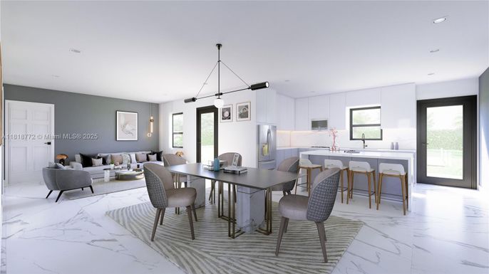 Dining room, Interior, Kitchen, Living room, Marble, Pendant Lights, Recessed Lighting