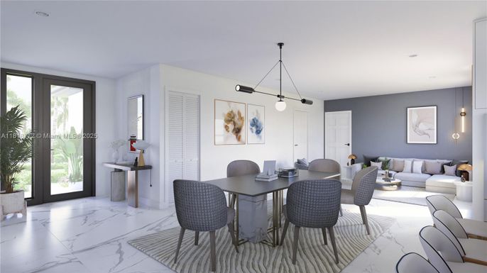 Dining room, Interior, Living room, Marble, Pendant Lights, Recessed Lighting