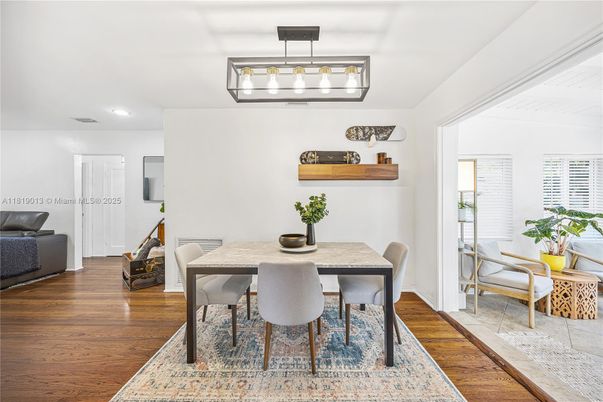 Dining room, Interior, Recessed Lighting, Wood Texture Flooring