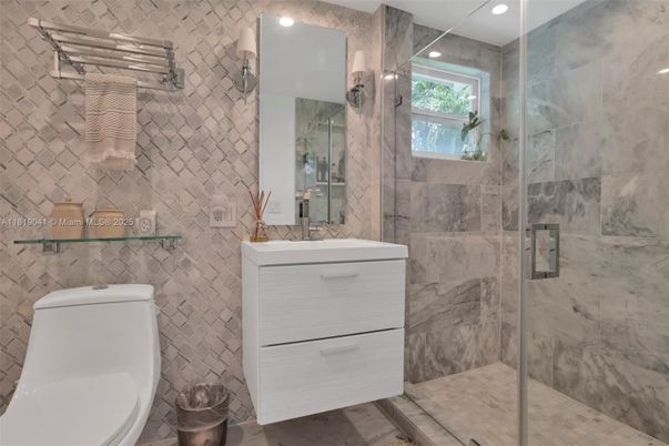 Bathroom, Glass Shower, Interior, Marble Walls, Recessed Lighting