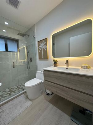 Bathroom, Glass Shower, Interior, Recessed Lighting, Wood Texture Flooring