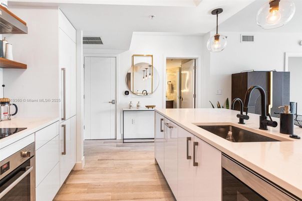 Interior, Kitchen, Pendant Lights, Stainless Steel Appliances, Wood Texture Flooring