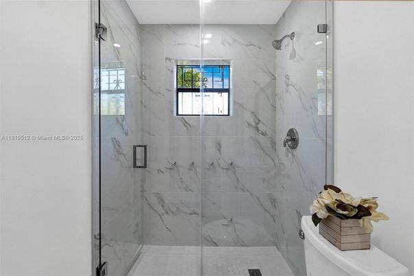 Bathroom, Glass Shower, Interior, Marble Walls, Recessed Lighting