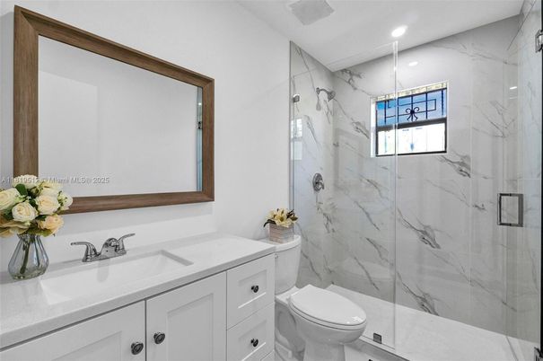 Bathroom, Glass Shower, Interior, Marble Walls, Recessed Lighting