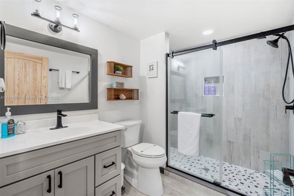 Bathroom, Glass Shower, Interior, Recessed Lighting, Wood Texture Flooring