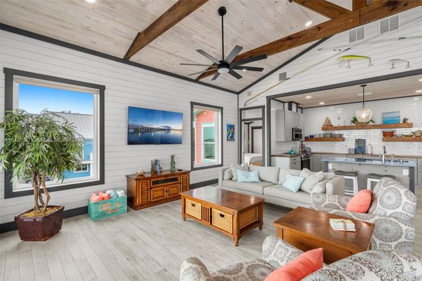 Interior, Kitchen, Living room, Pendant Lights, Recessed Lighting, Stainless Steel Appliances, Wooden Beams, Wooden Ceilings, Wood Texture Flooring