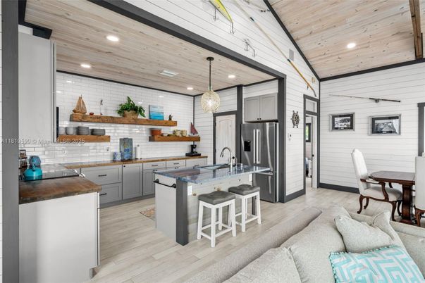 Interior, Kitchen, Pendant Lights, Recessed Lighting, Stainless Steel Appliances, Wooden Ceilings, Wood Texture Flooring