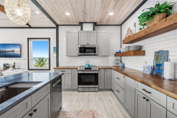 Interior, Kitchen, Recessed Lighting, Stainless Steel Appliances, Wooden Ceilings, Wood Texture Flooring