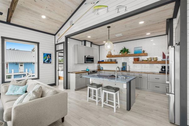 Interior, Kitchen, Pendant Lights, Recessed Lighting, Stainless Steel Appliances, Water, Wooden Ceilings, Wood Texture Flooring