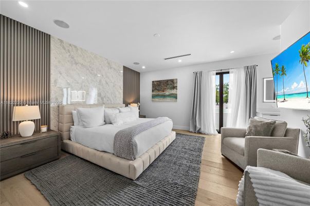 Bedroom, Interior, Marble Walls, Recessed Lighting, Wood Texture Flooring