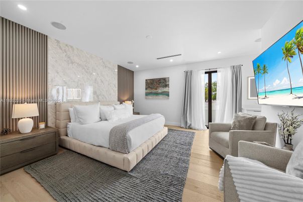 Bedroom, Interior, Marble Walls, Recessed Lighting, Wood Texture Flooring