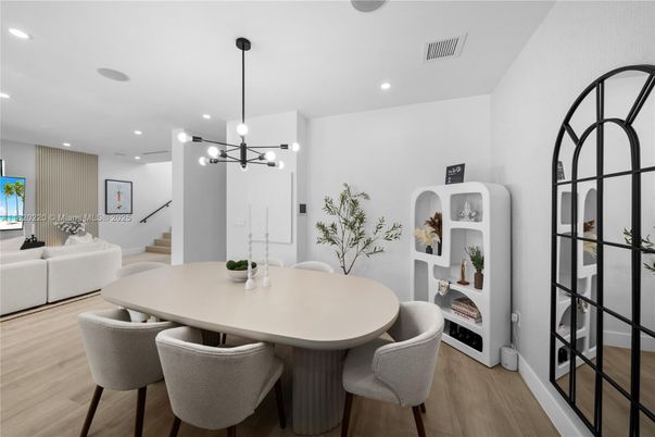 Dining room, Interior, Living room, Pendant Lights, Recessed Lighting, Wood Texture Flooring