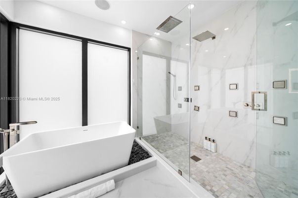 Bathroom, Free Standing Baths, Glass Shower, Interior, Marble, Marble Walls, Recessed Lighting