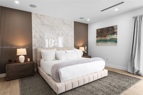 Bedroom, Interior, Marble Walls, Recessed Lighting, Wood Texture Flooring