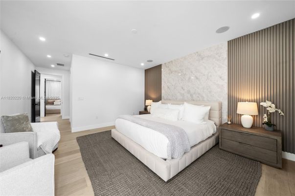 Bedroom, Interior, Marble Walls, Recessed Lighting, Wood Texture Flooring