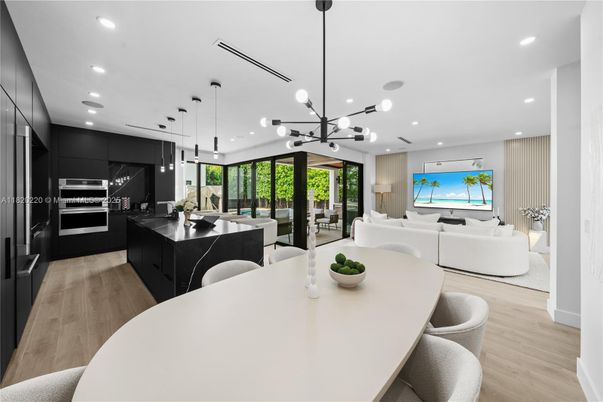Dining room, Interior, Kitchen, Living room, Pendant Lights, Recessed Lighting, Stainless Steel Appliances, Wood Texture Flooring