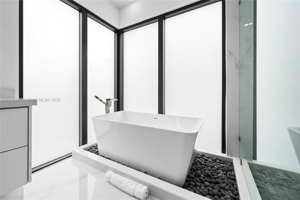 Bathroom, Free Standing Baths, Glass Shower, Interior, Marble, Marble Walls