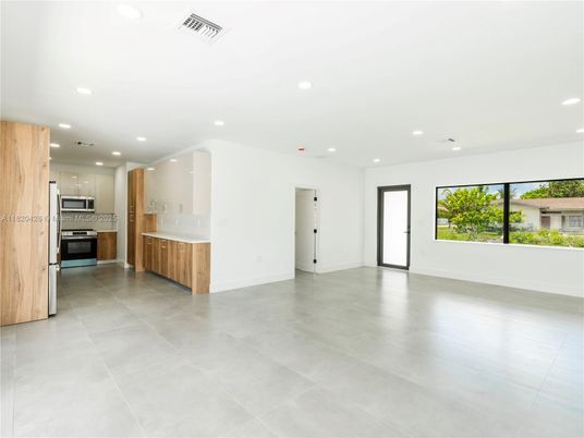 Empty room, Interior, Kitchen, Recessed Lighting, Stainless Steel Appliances