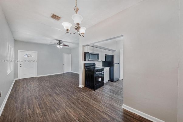 Chandelier, Empty room, Interior, Kitchen, Wood Texture Flooring