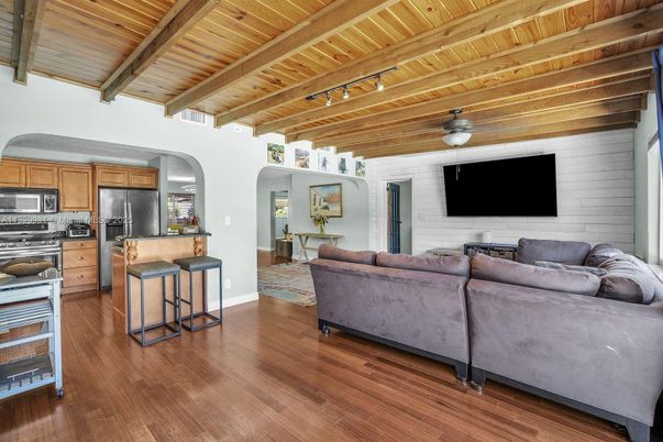 Interior, Kitchen, Living room, Stainless Steel Appliances, Wooden Beams, Wooden Ceilings, Wood Texture Flooring
